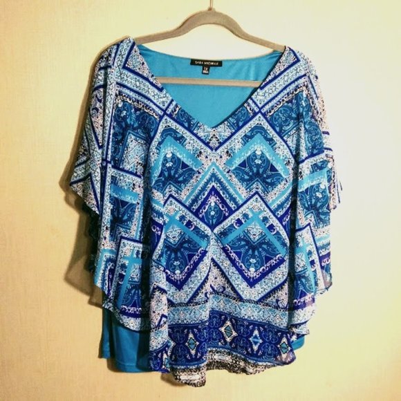 NWT*SARA MICHELLE*CAPE SLEEVE OVER TANK*V NECK*GEOMTRIC/AZTEC PRINT TOP*WOMEN 1X - Picture 1 of 11